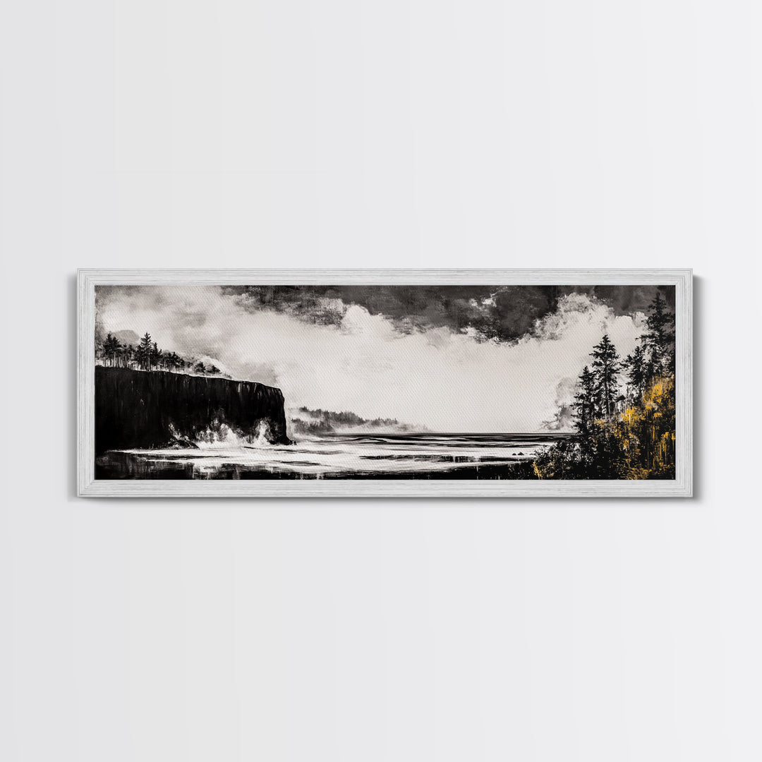 Cliffside Ocean, Dramatic Seascape, Moody Coast, Monochrome, Framed Canvas Print, Coastal Wall Art, Nautical Decor, Large Wall Art