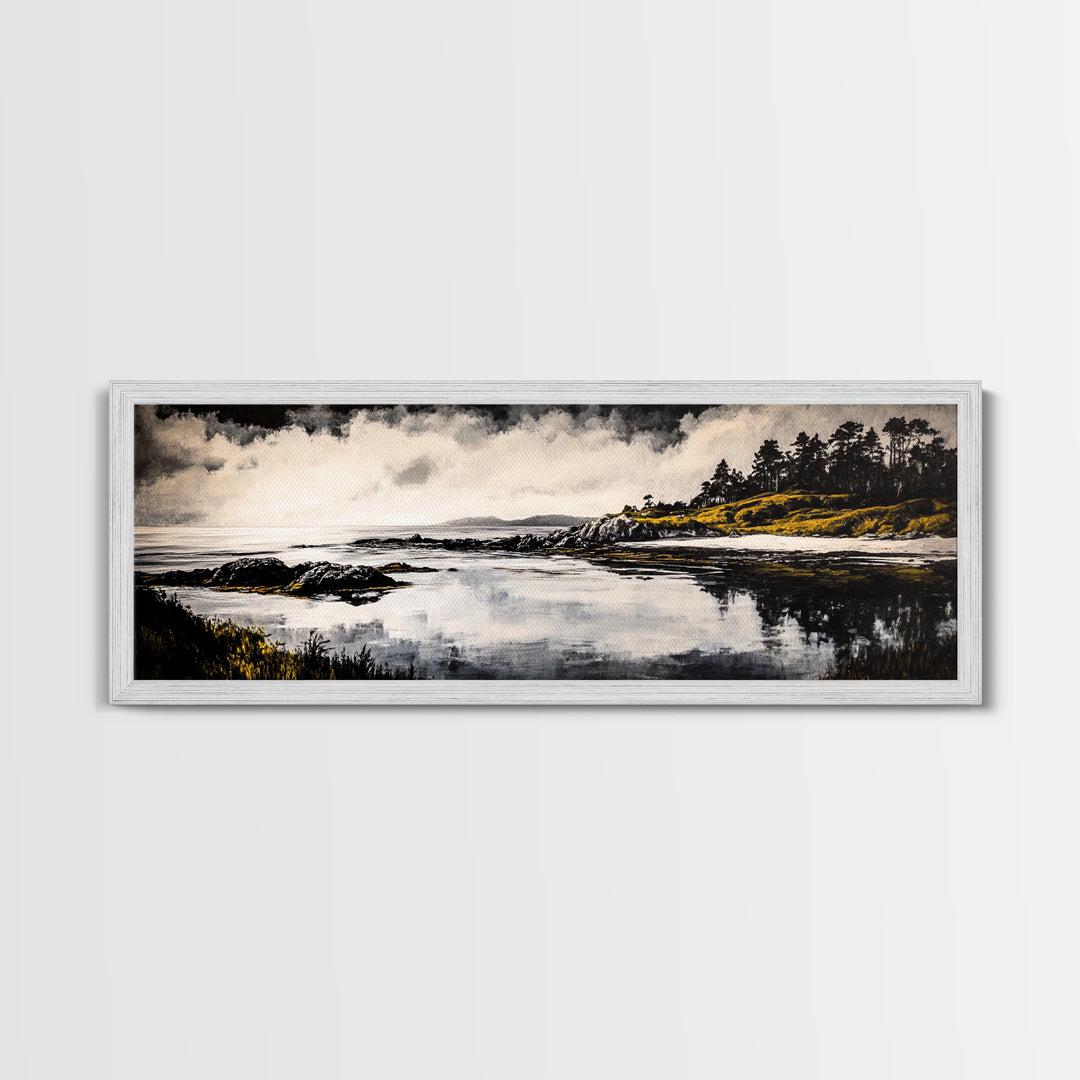 Coastal Reflection, Black White Art, Framed Canvas Print, Modern Landscape Art, Minimalist Decor, Large Wall Art, Bedroom Wall Art