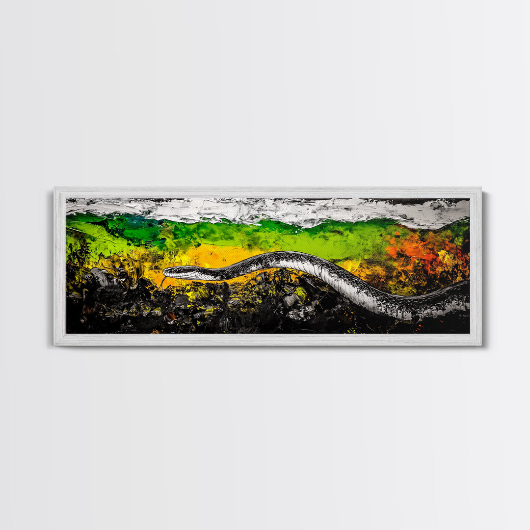 Abstract Snake, Vibrant Reptile Art, Jungle Theme, Wildlife Painting, Green and Yellow, Bold Nature Print, Framed Canvas Print