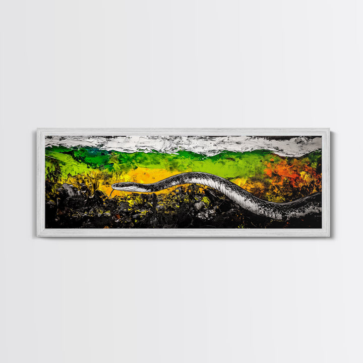 Abstract Snake, Vibrant Reptile Art, Jungle Theme, Wildlife Painting, Green and Yellow, Bold Nature Print, Framed Canvas Print
