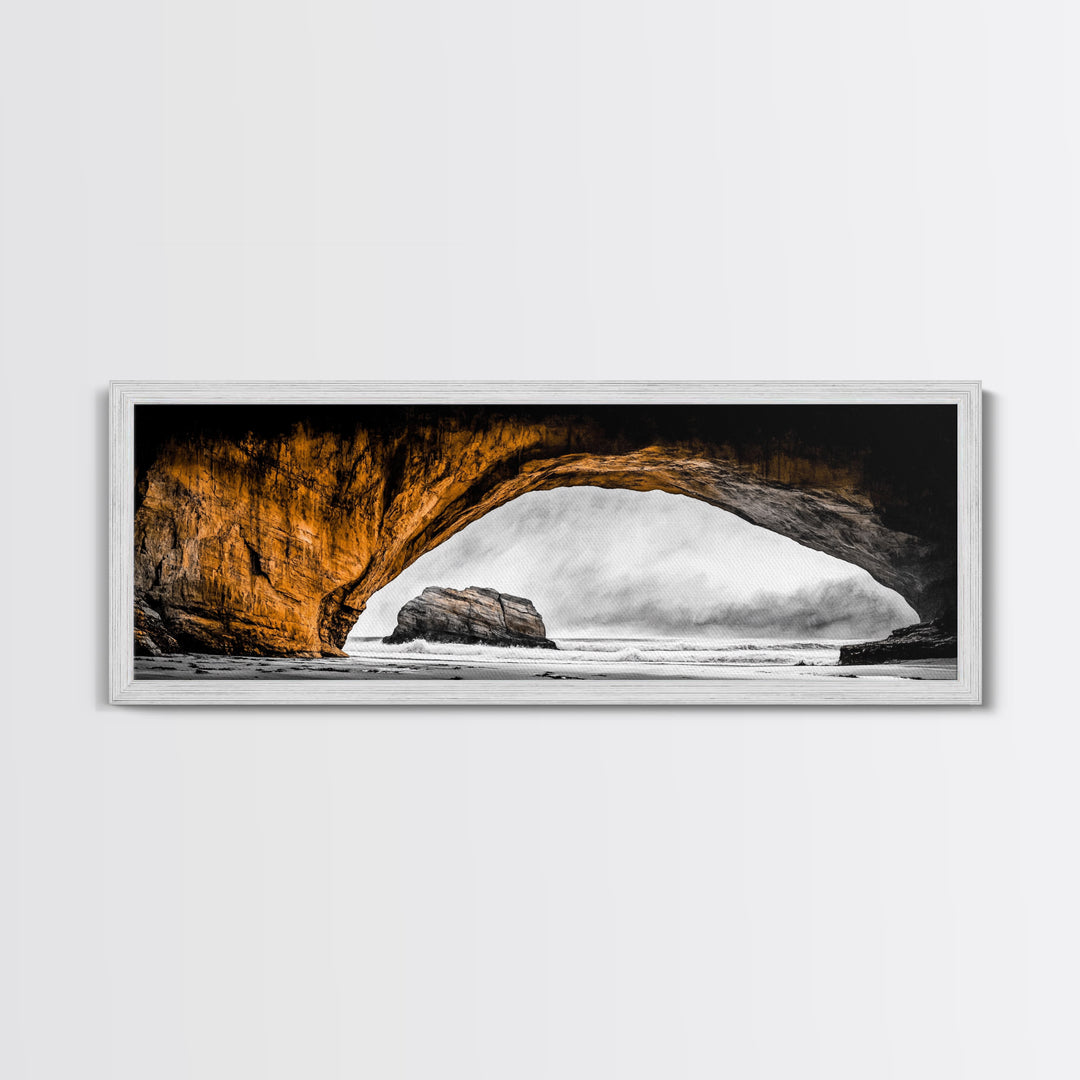 Natural Arch, Coastal Cliff Art, Black and White Landscape, Beach Rock Formation, Dramatic Seascape, Home Wall Decor, Canvas Print