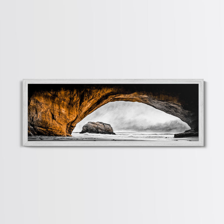 Natural Arch, Coastal Cliff Art, Black and White Landscape, Beach Rock Formation, Dramatic Seascape, Home Wall Decor, Canvas Print