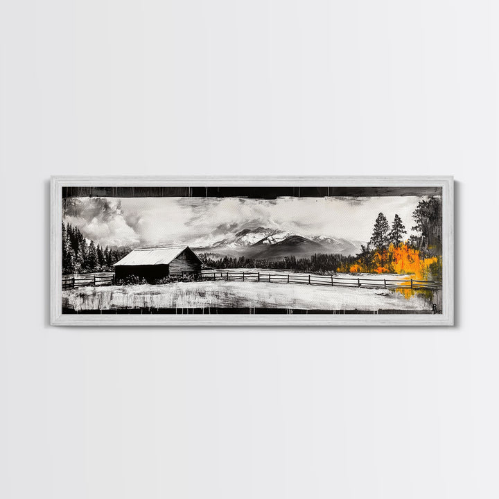 Cabin in Mountains, Rustic Winter Scene, Black and White Art, Fall Forest Accent, Cozy Lodge, Living Room Decor, Framed Canvas Print