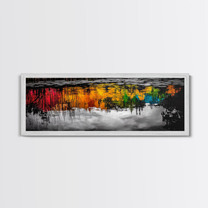 Colorful Reflection, Abstract Water Art, Nature Painting, Autumn Trees, Vibrant Colors, Black and White Contrast, Canvas Print