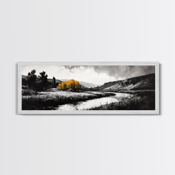 River Landscape, Rustic Nature Art, Black and White with Yellow Accent, Peaceful Scenery, Living Room Decor, Canvas Print