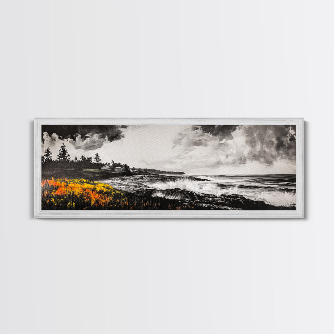 Coastal Storm, Monochrome Seascape, Bold Ocean Art, Framed Canvas Print, Black White Yellow, Living Room Wall Decor, Nautical Artwork