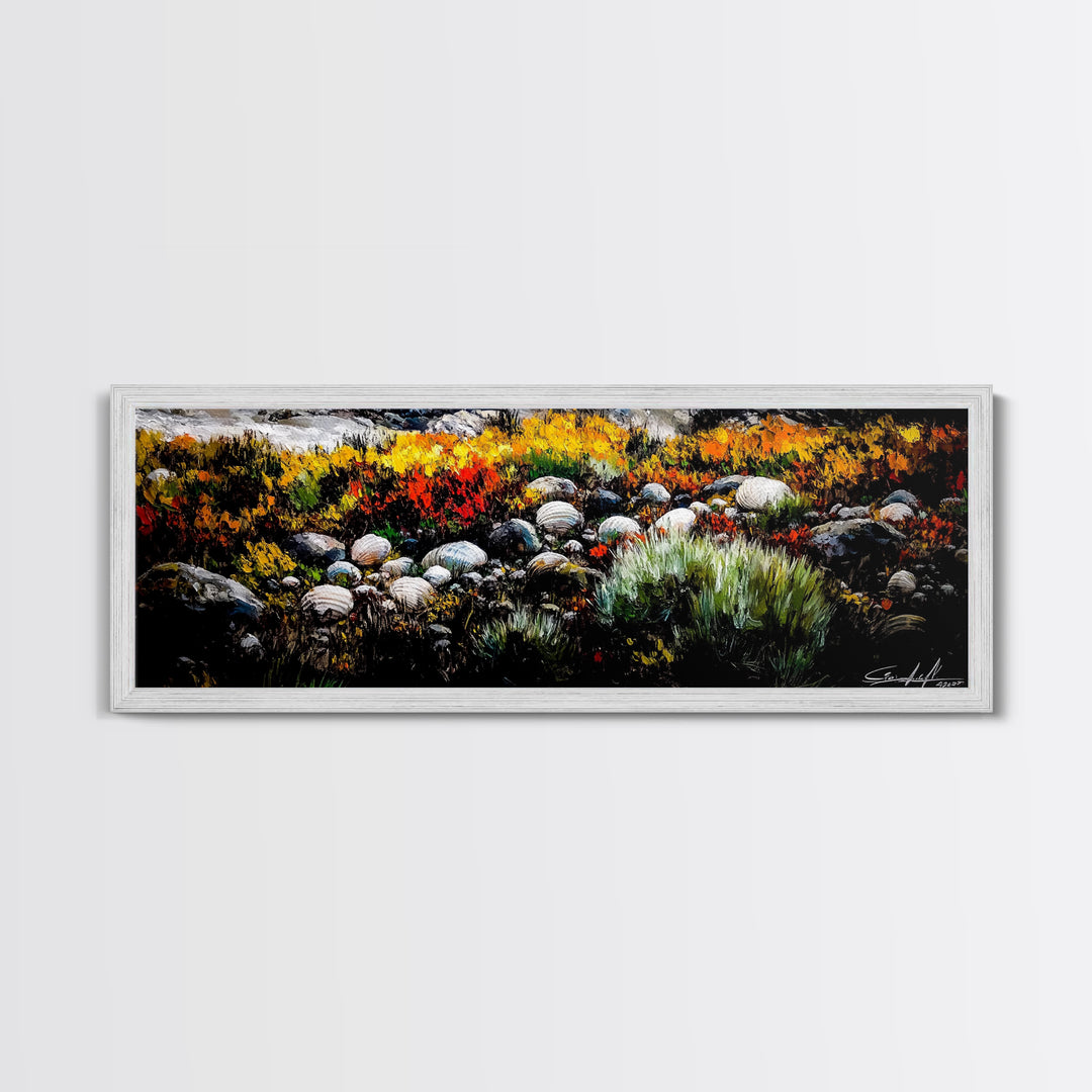 Rocky Shoreline, Wildflowers, Coastal Landscape, Framed Canvas Print, Autumn Beach Scene, Rustic Nature Painting, Entryway Wall Art