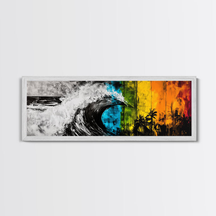 Ocean Wave Painting, Coastal Wall Art, Beach Sunset Decor, Tropical Nature Print, Vibrant Abstract Art, Framed Canvas Print