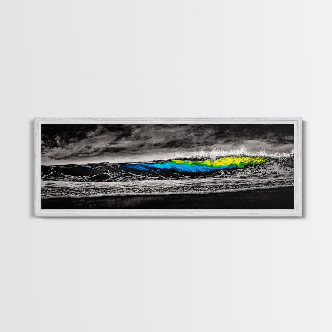 Black, White, Wave, Framed Canvas Print, Surf Wall Art, High Contrast Ocean Scene, Modern Coastal Decor, Contemporary Wave Painting, Monochrome