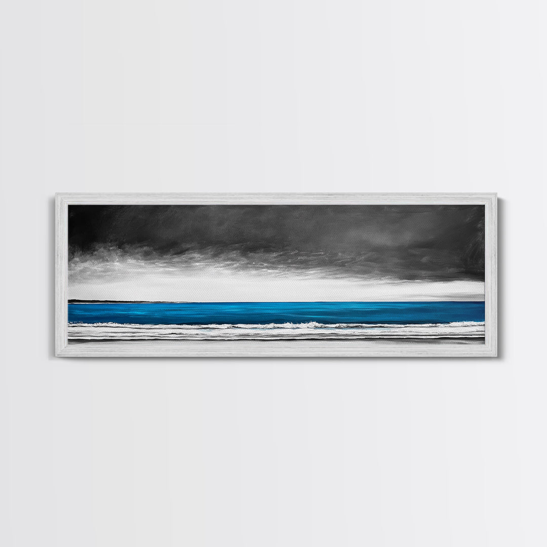 Blue Ocean, Moody Seascape, Coastal Wall Art, Minimalist Beach Scene, Black and White Decor, Framed Canvas Print, Bathroom Wall Art