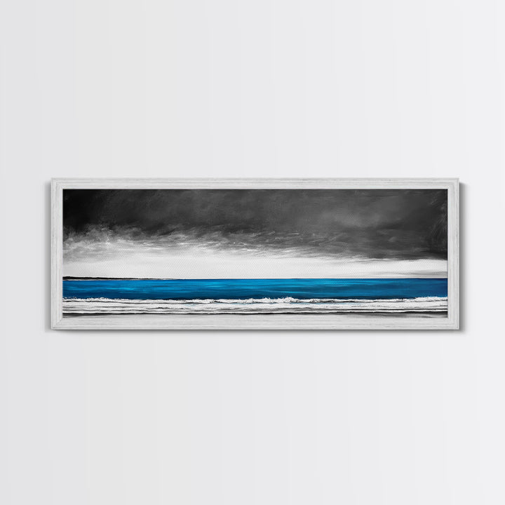 Blue Ocean, Moody Seascape, Coastal Wall Art, Minimalist Beach Scene, Black and White Decor, Framed Canvas Print, Bathroom Wall Art