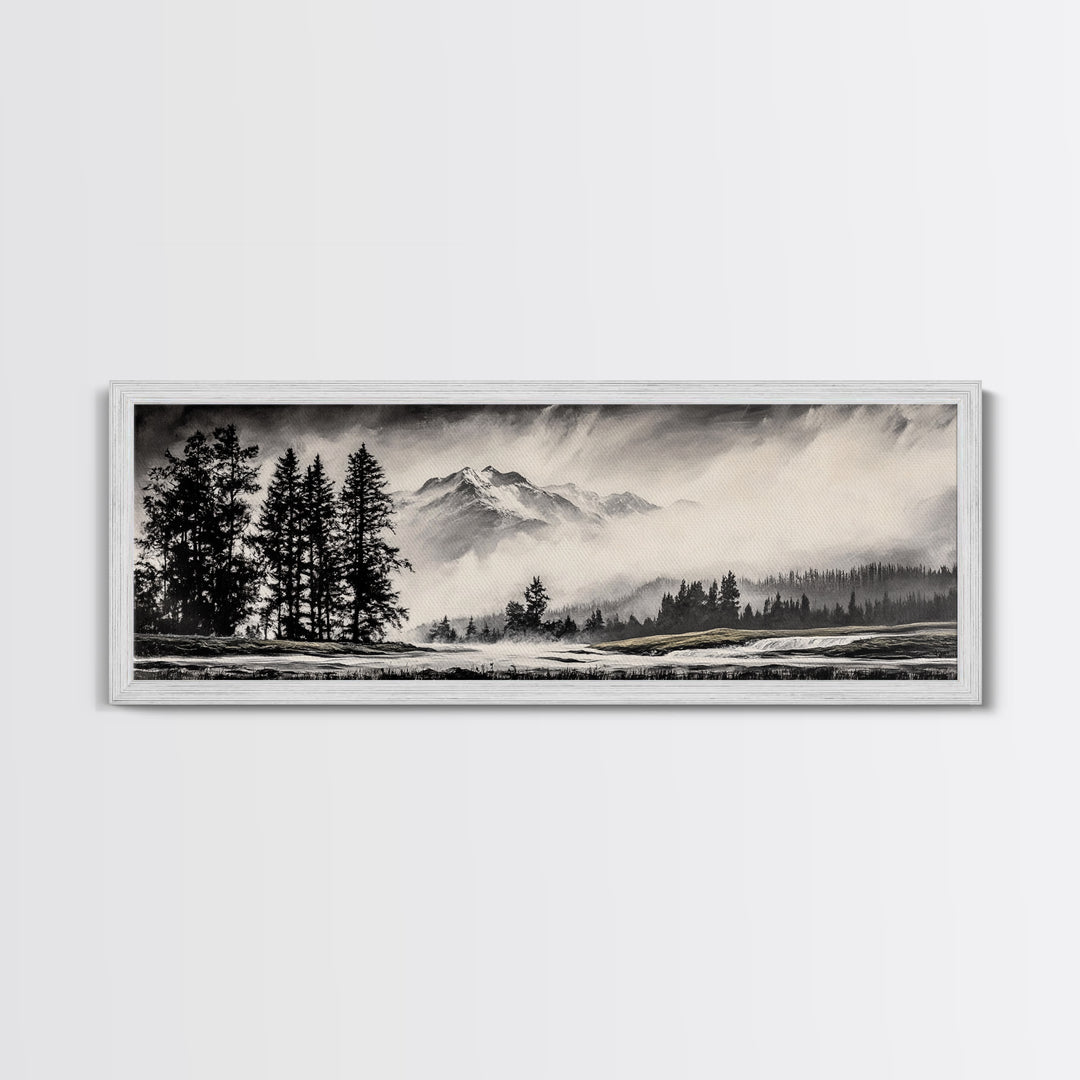 Mountain, Misty Landscape, Black and White, Forest, Framed Canvas Print, Large Wall Art, Minimalist Art, Modern Home Decor, Bedroom Wall Art