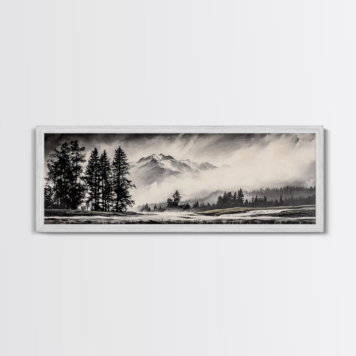 Mountain, Misty Landscape, Black and White, Forest, Framed Canvas Print, Large Wall Art, Minimalist Art, Modern Home Decor, Bedroom Wall Art
