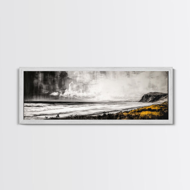 Rainy Coast, Moody Seascape, Black and White Art, Framed Canvas Print, Minimalist Wall Art, Beach House Decor, Ocean Landscape, Large Art