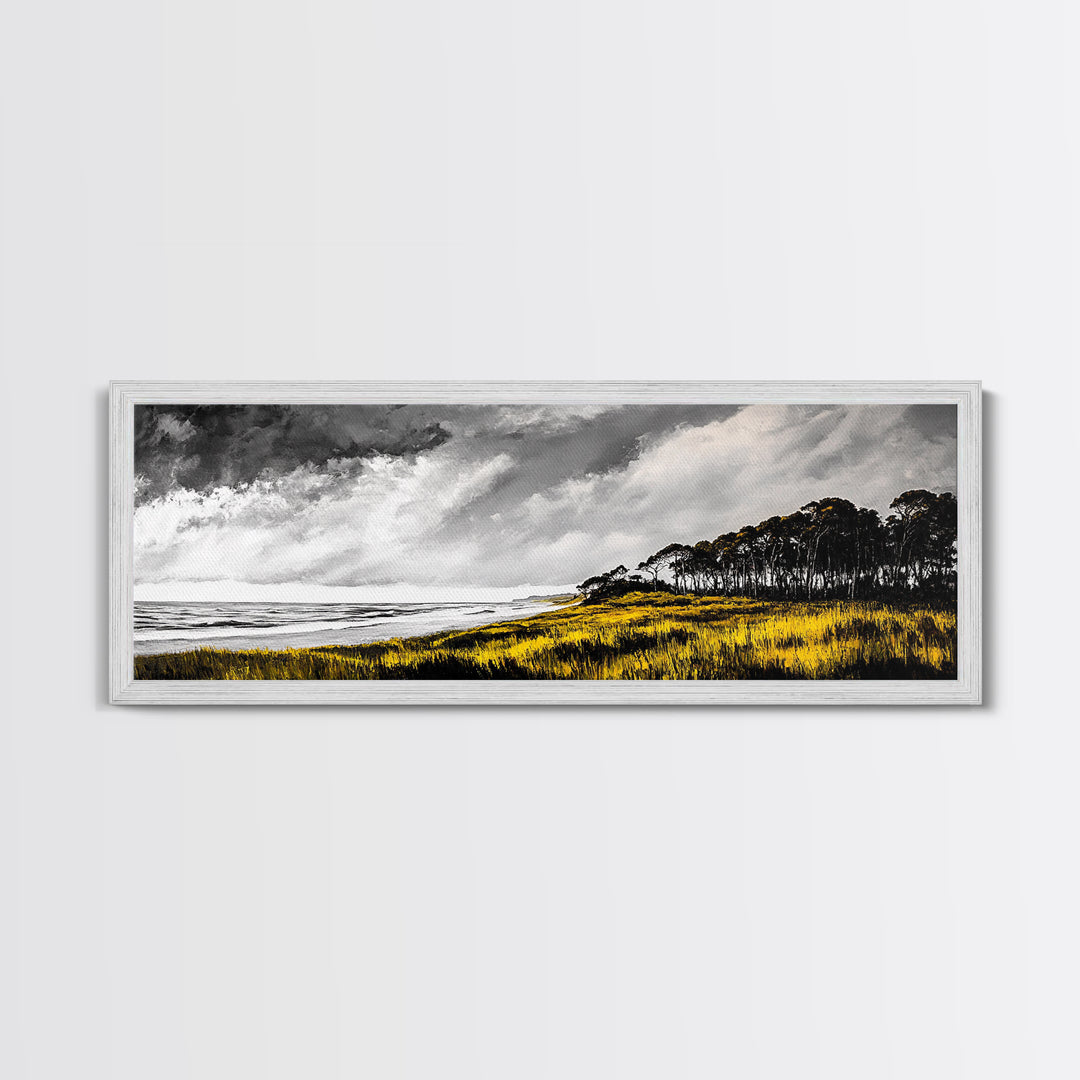 Coastal Serenity, Yellow Field, Stormy Sky, Canvas Print, Ocean Landscape, Beach House Art, Modern Nature Painting, Living Room Wall Decor