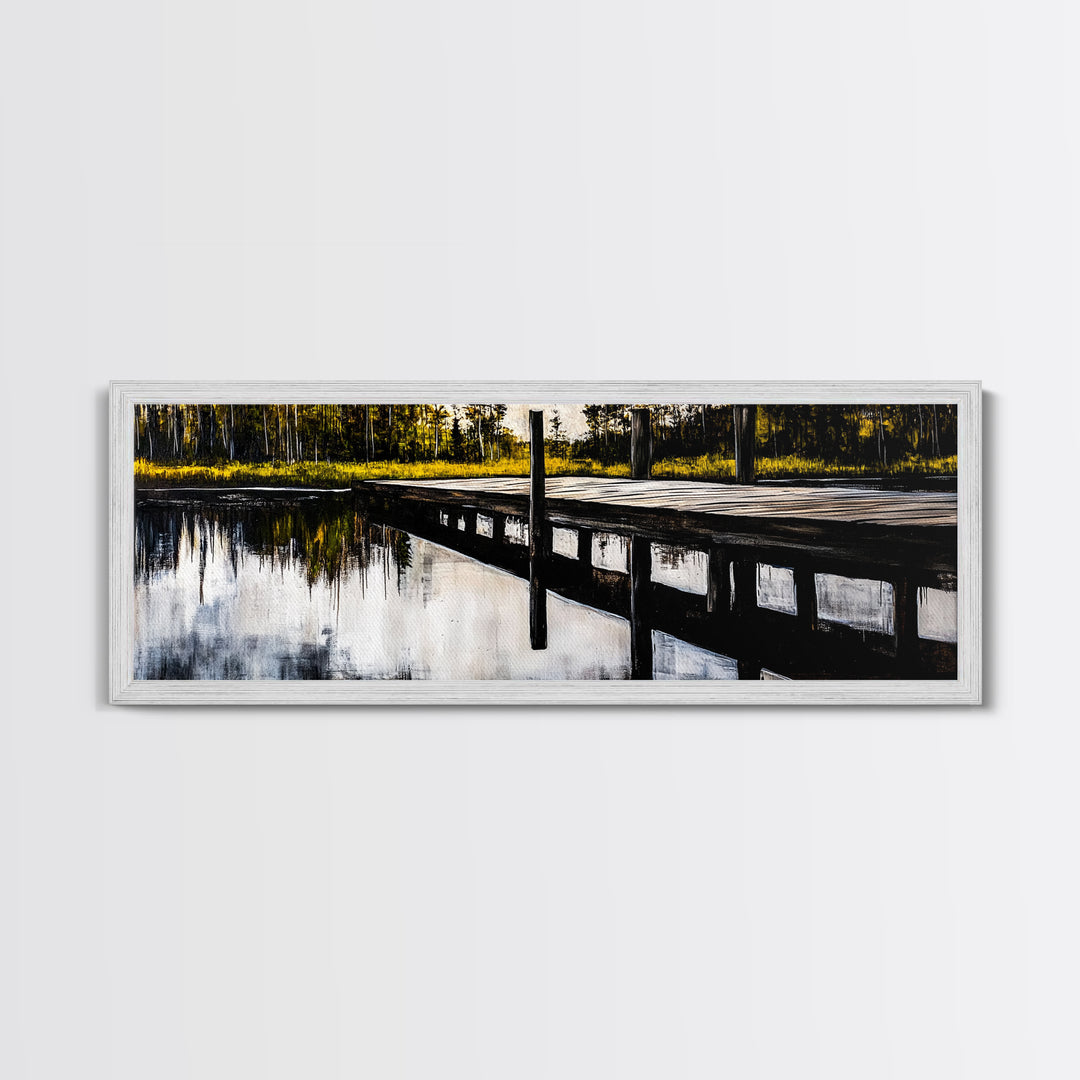 Lakeside Dock, Reflection Art, Serene Water, Framed Canvas Print, Tranquil Nature Scene, Rustic Cabin Decor, Woodland Wall Art, Large Art
