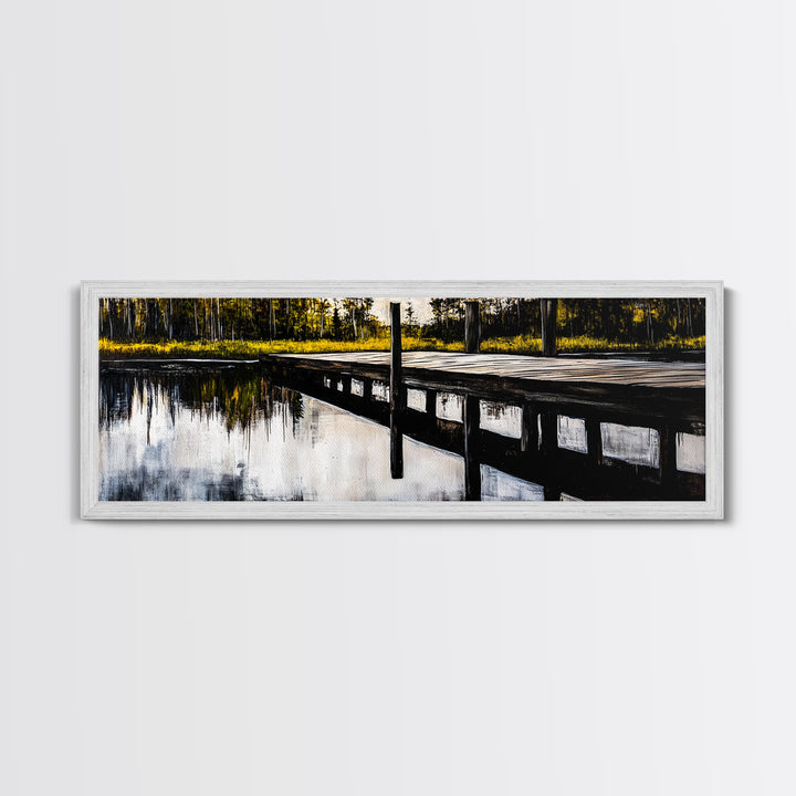 Lakeside Dock, Reflection Art, Serene Water, Framed Canvas Print, Tranquil Nature Scene, Rustic Cabin Decor, Woodland Wall Art, Large Art