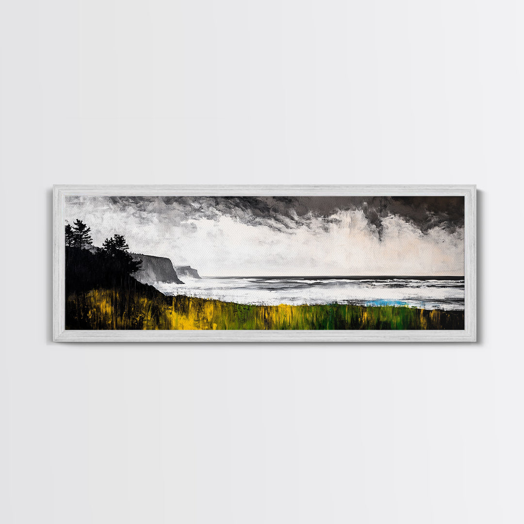 Cliffside View, Misty Ocean, Yellow Grass, Canvas Print, Coastal Landscape, Fall Wall Art, Nature Painting, Living Room Home Decor