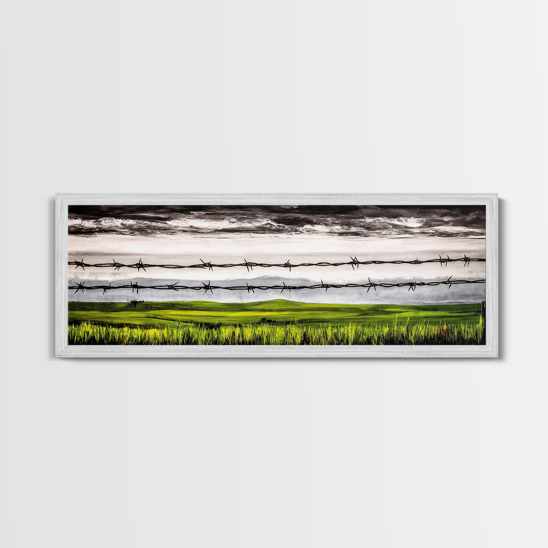 Barbed Wire Art, Rural Landscape Print, Farmhouse Wall Decor, Countryside Canvas Print, Rustic Living Room Art, Framed Canvas Print