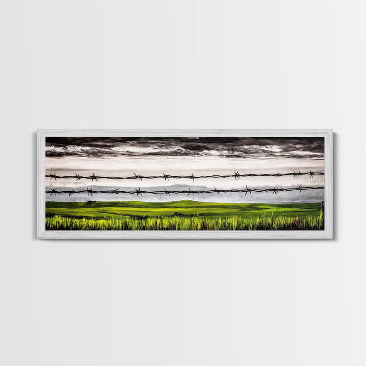 Barbed Wire Art, Rural Landscape Print, Farmhouse Wall Decor, Countryside Canvas Print, Rustic Living Room Art, Framed Canvas Print