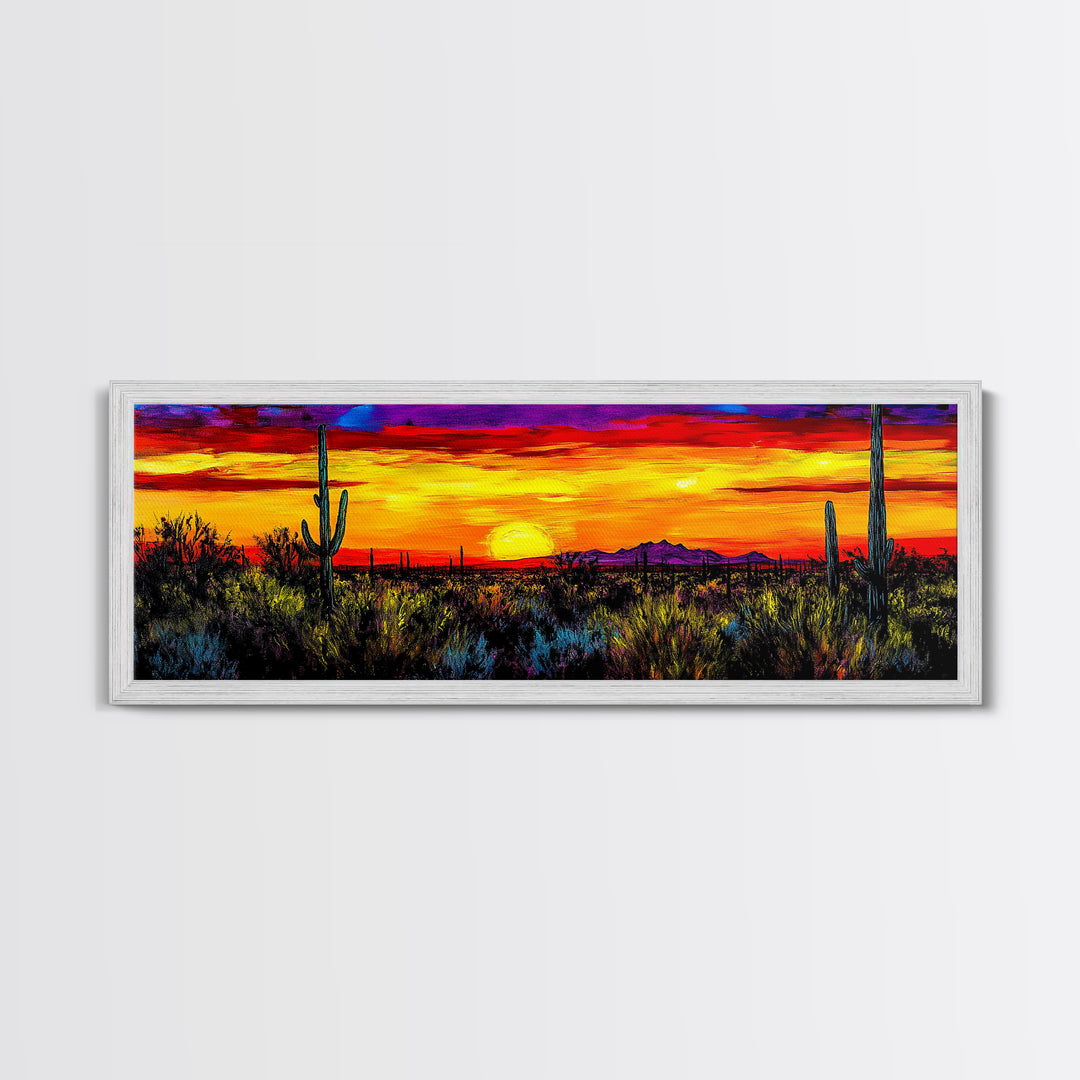 Desert Sunset Art, Vibrant Cactus Painting, Warm Boho Landscape, Southwestern Wall Decor, Bold Nature Print, Framed Canvas Print