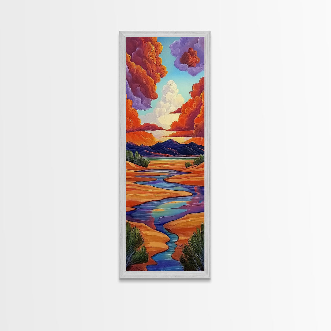 Desert River, Sky Painting, Framed Canvas Print, warm southwestern stream view landscape, bold clouds, boho decor, office wall art