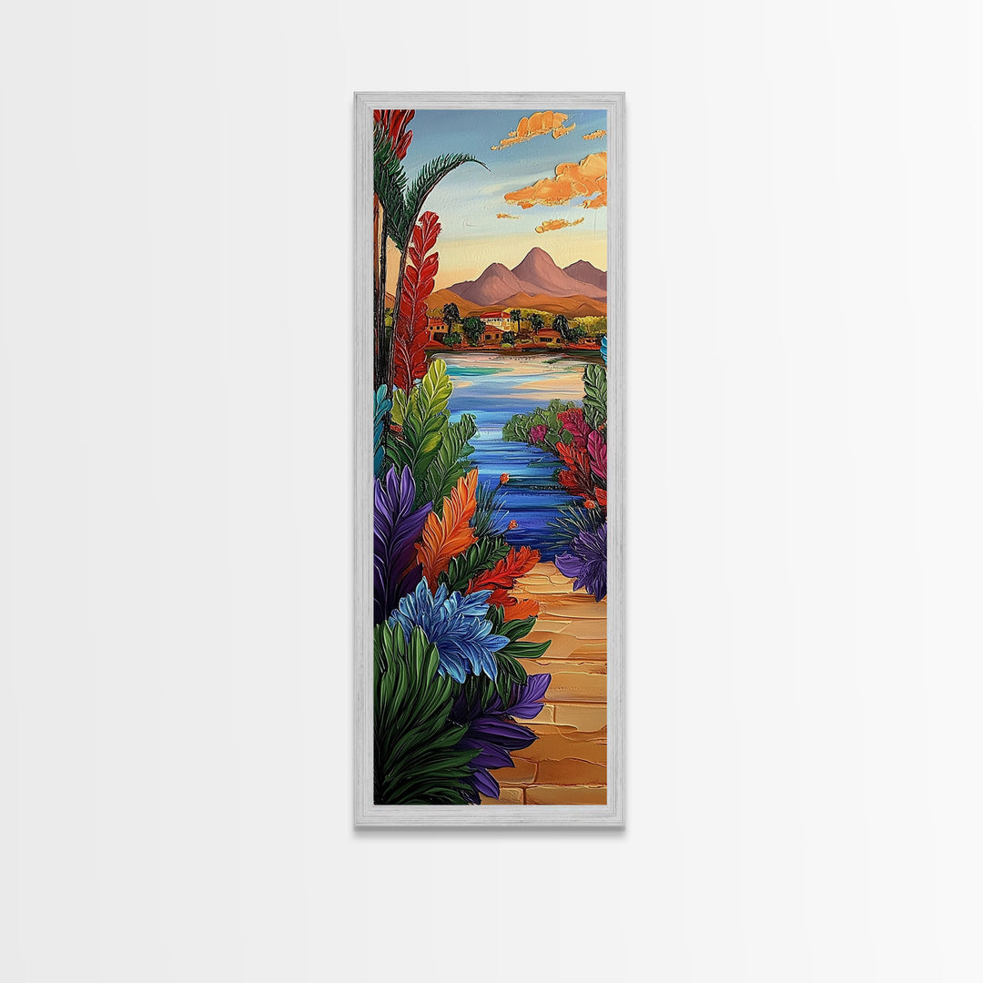 Path Garden, Village Painting, Framed Canvas Print, whimsical tropical pathway, village view, bold colorful foliage, hallway wall art, boho style