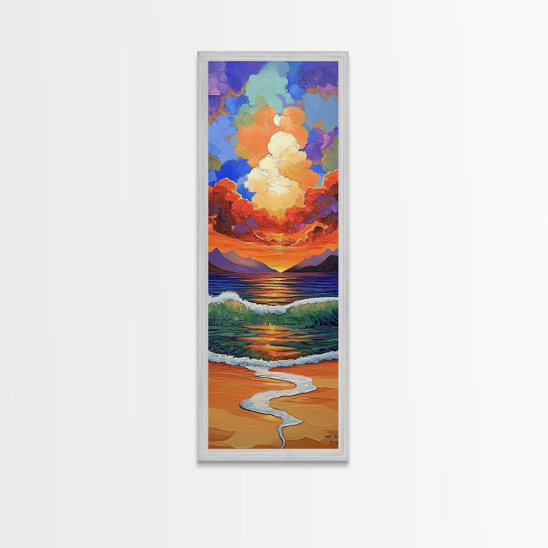 Ocean Sunset, Waves Painting, Framed Canvas Print, dramatic beach sunset, crashing waves, bold seascape, boho home decor, bathroom wall art