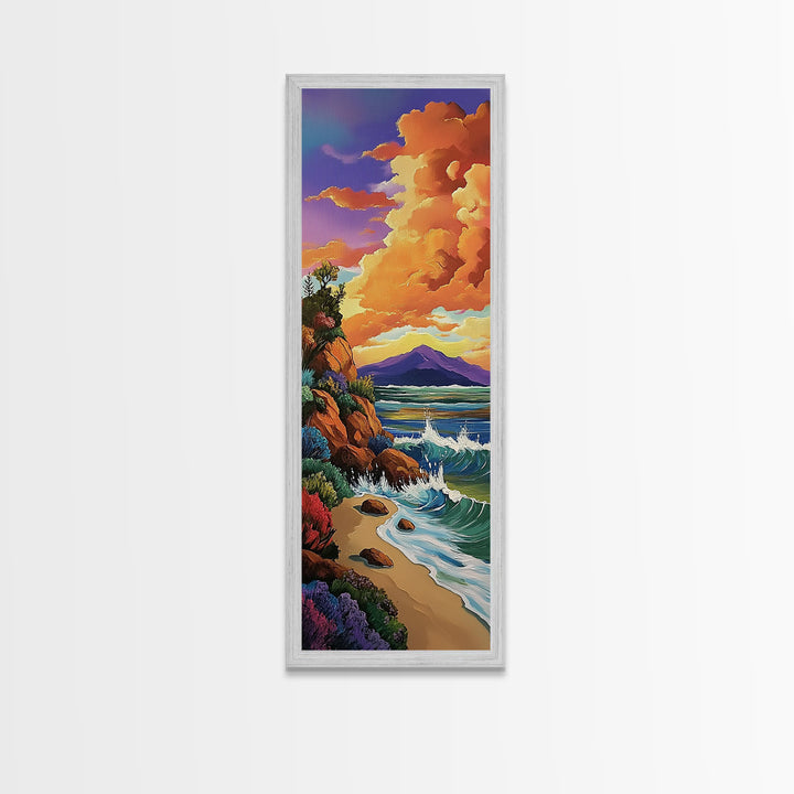 Beach Cliffs, Sunset Painting, Framed Canvas Print coastal cliffside view with crashing waves vibrant beach wall art tropical living room décor