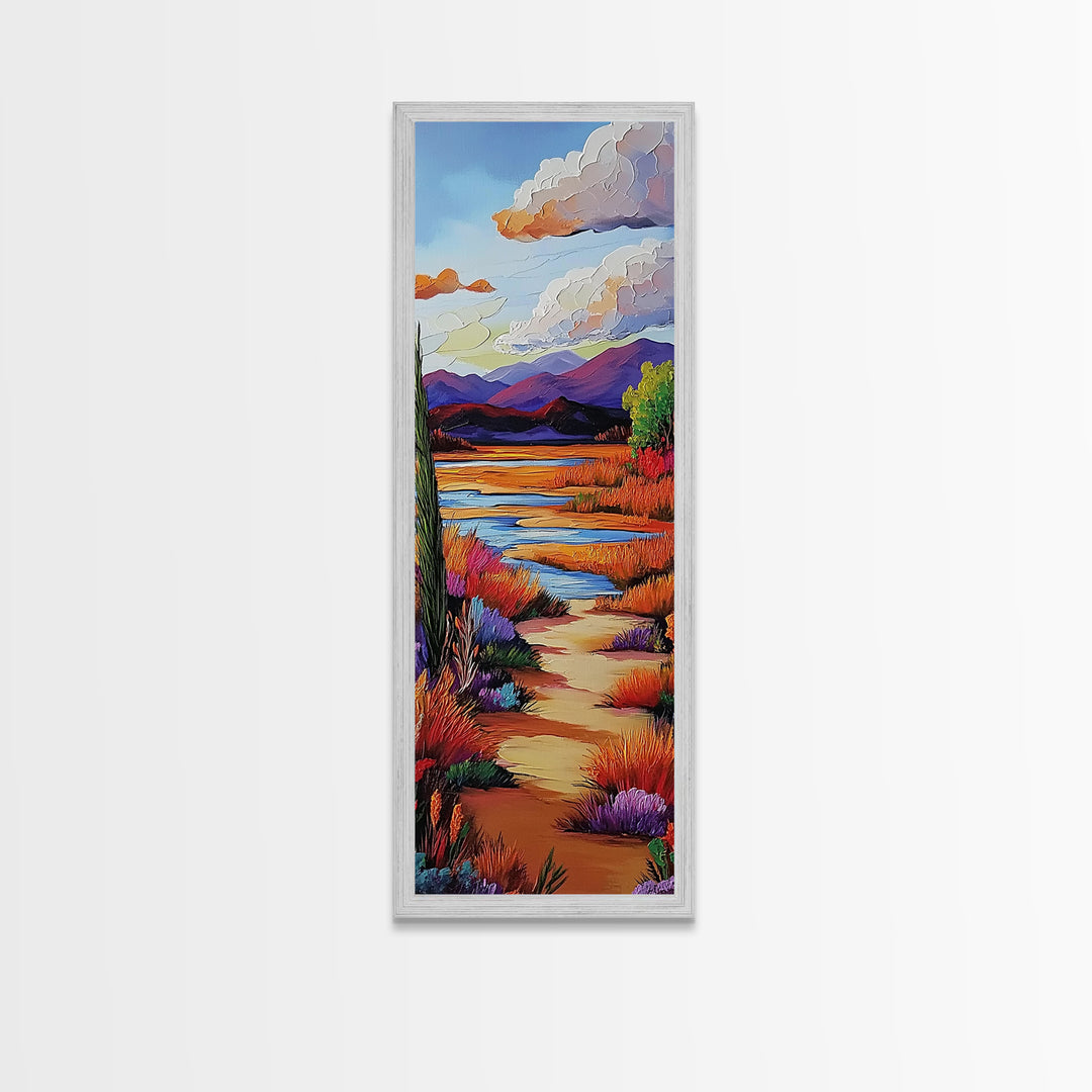 Path Mountains, Autumn Meadow, Vibrant Fall trail scene Framed Canvas Print, rustic seasonal wall art, living room nature decor