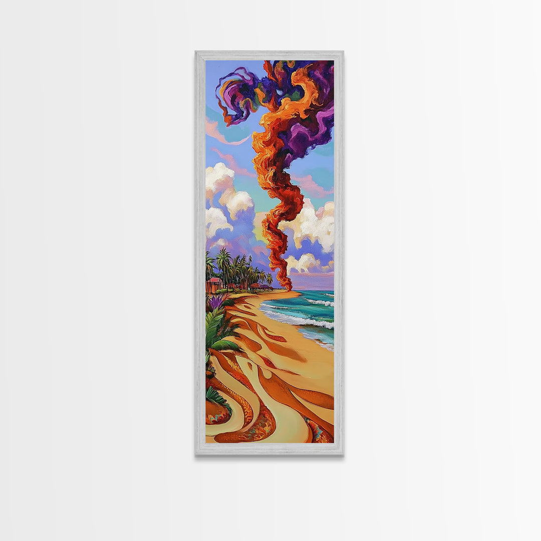 Coastal Smoke Vibes Art, Framed Canvas Print vibrant beach painting with purple and orange smoke, tropical sunset art, boho home decor