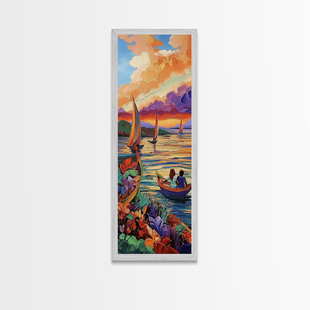 Boats Sunset, Romance Adventure, Canvas Print vibrant sailboats at sunset painting, romantic couple art, nautical wall decor, boho accent