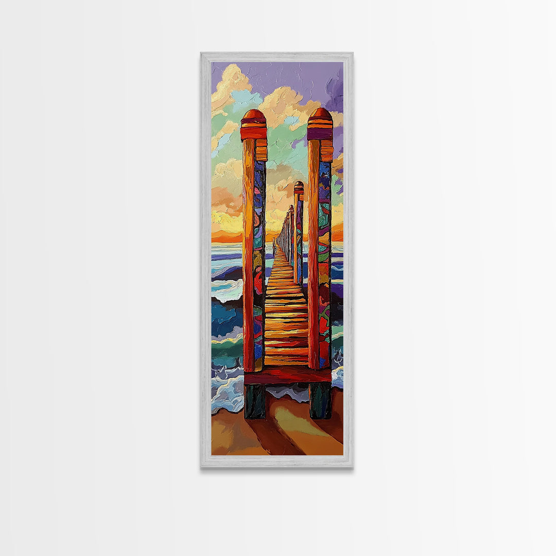 Pier Sunset, Coastal Journey – Canvas Print colorful beach landscape painting, ocean wall decor, coastal living room wall art, vibrant seascape