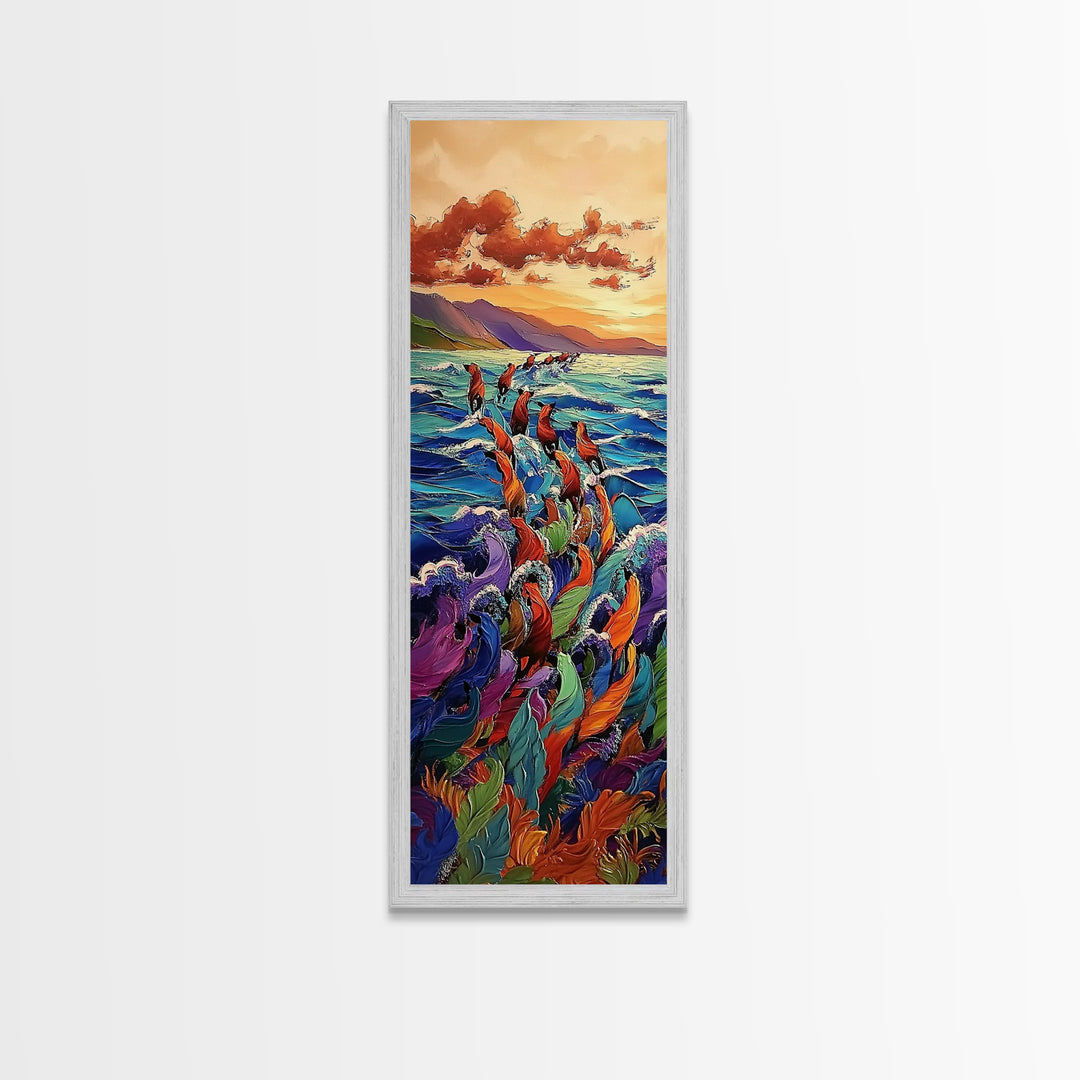 Ocean Horses, Sunset Gallop, Wild Waves, Canvas Print, vibrant equestrian beach art, bold fantasy decor, living room or adventure-themed room