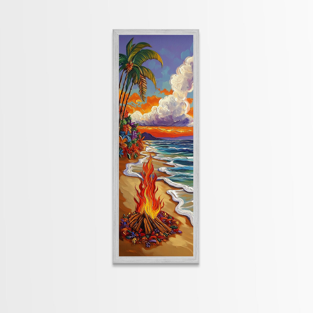 Beach Bonfire, Tropical Sunset, Palm Trees, Framed Canvas Print, coastal beach wall art, summer living room or patio decor, boho ocean vibe