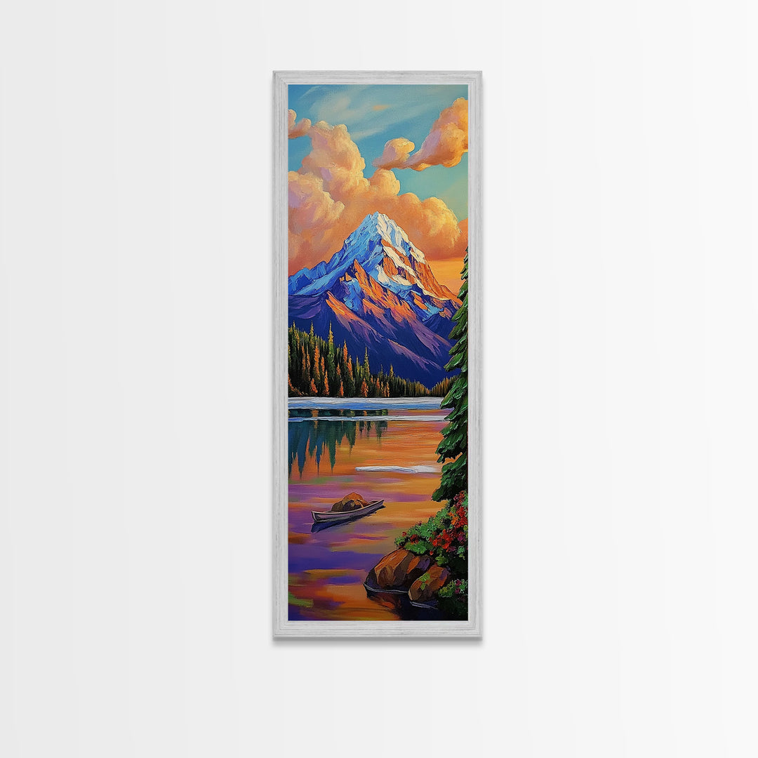 Mountain, Sunrise, Reflection, Nature Scene Framed Canvas Print, Rustic Cabin Decor, Autumn Wall Art, Living Room Mountain Landscape Painting
