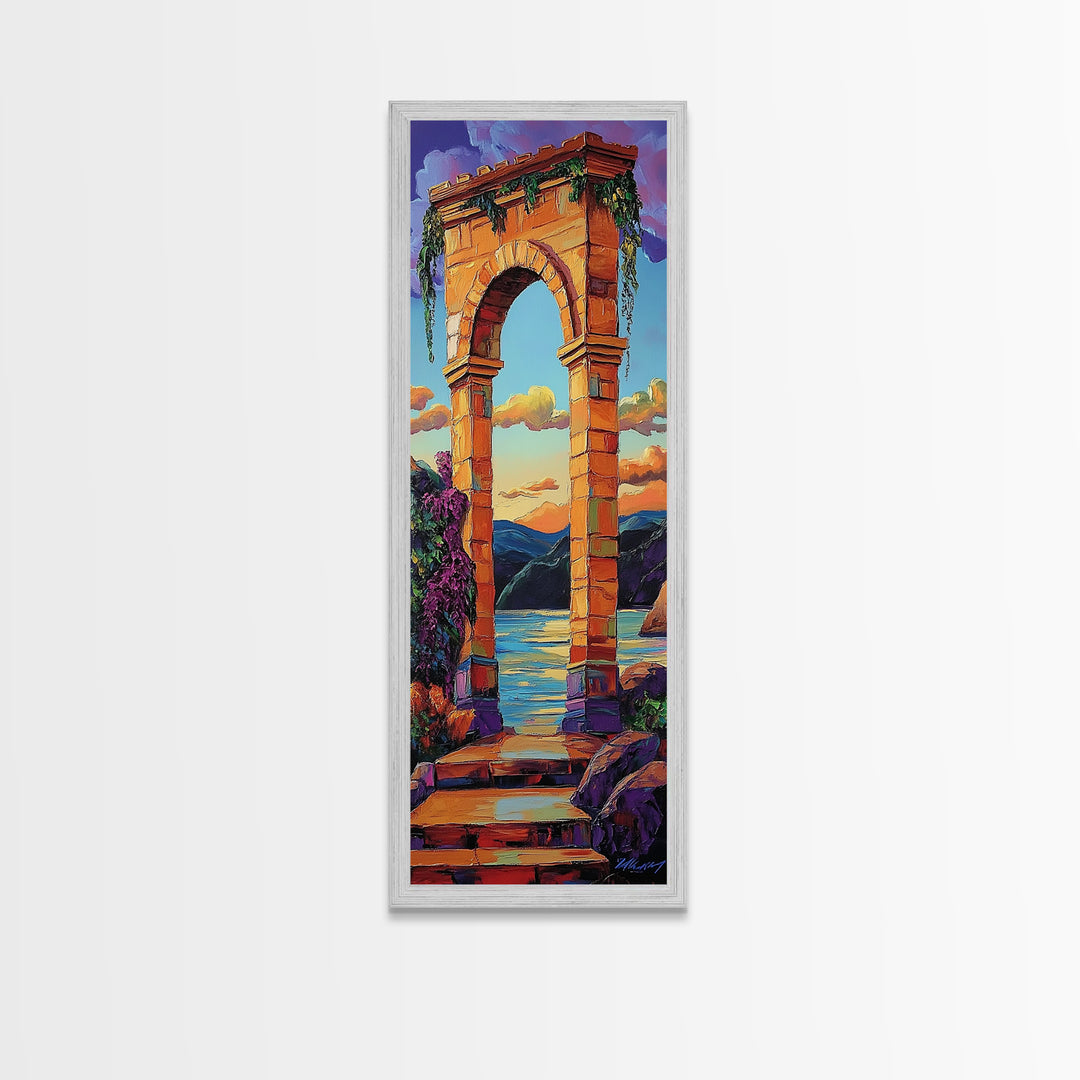 Archway, Sunset, Stone Portal, Dreamscape Framed Canvas Print, Mediterranean Wall Art, Spiritual Decor, Eclectic Entryway Accent, Sunset Painting