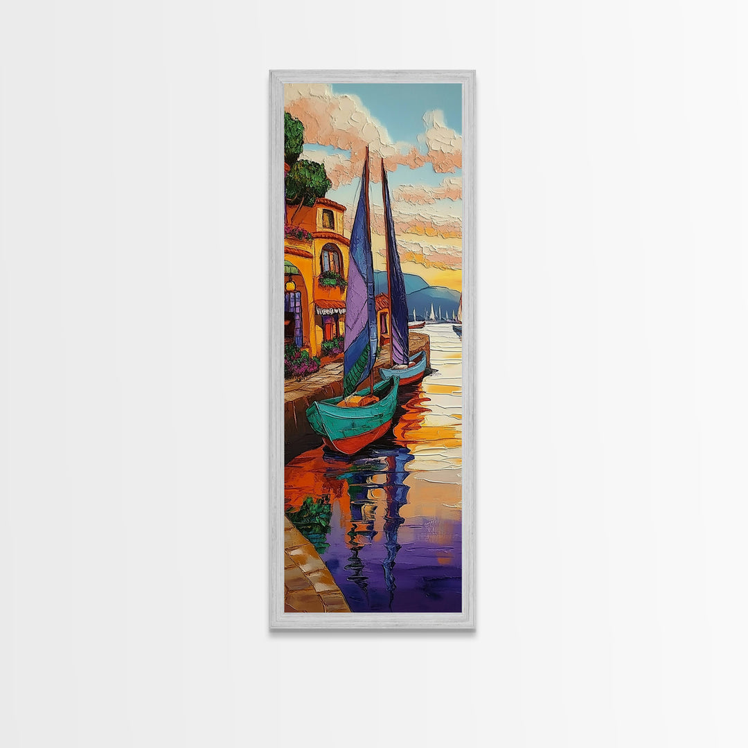 Boats, Harbor, Coastal Village, Mediterranean Scene Framed Canvas Print, Nautical Wall Decor, Vibrant Harbor Painting, Dining Room Accent Art
