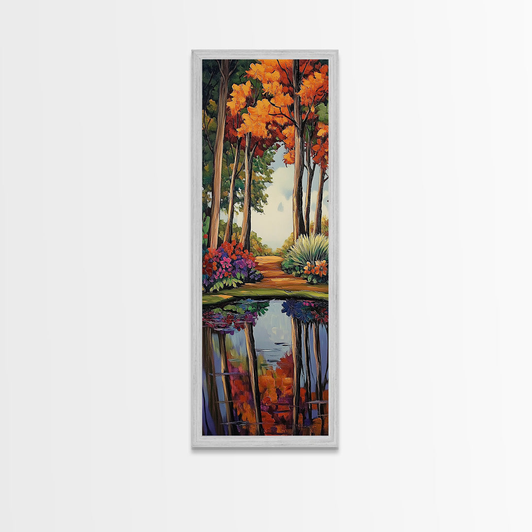 Autumn, Trees, Reflection, Forest - Framed Canvas Print, Fall Foliage Wall Art, Nature Scene Living Room Decor, Warm Seasonal Forest Painting