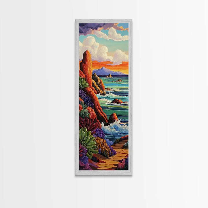 Coastal, Sunset, Seascape, Vibes, Framed Canvas Print of ocean cliffs and crashing waves, modern coastal wall art, beach house decor