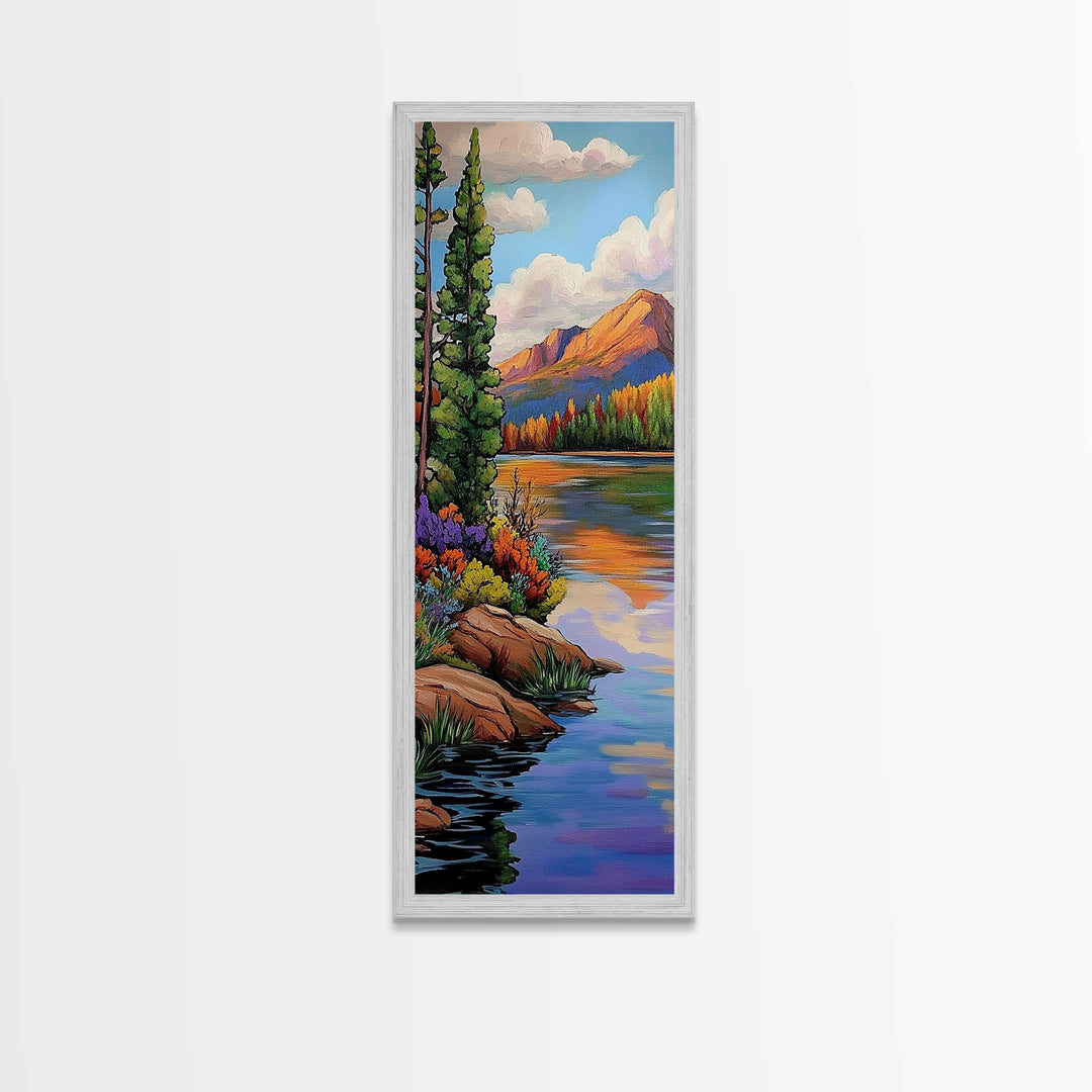 Autumn, Pines, Lake, Serenity, Framed Canvas Print with fall forest reflection, rustic cabin decor, cozy living room art, woodland scene