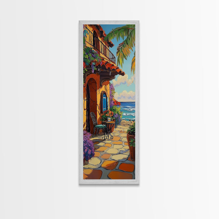 Patio, Ocean, Palm Trees, Tropical Coastal Balcony Framed Canvas Print, Boho Beach House Art, Outdoor Dining Wall Decor, Summer Vibes