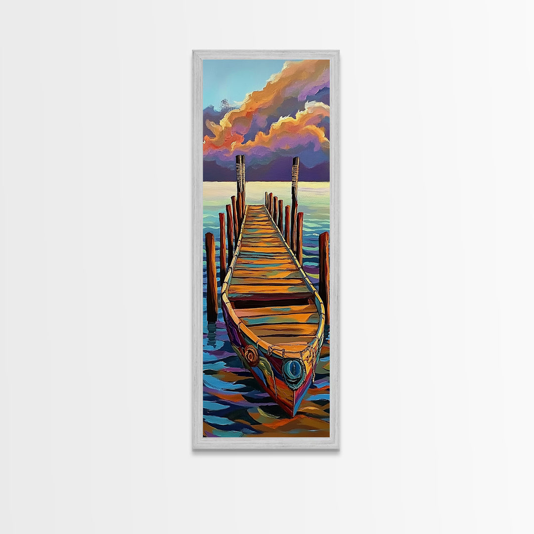 Boat, Dock, Sunset, Water, Canvas Print, Serene Nautical Wall Art, Lakehouse Decor, Minimalist Ocean Landscape, Peaceful Seascape