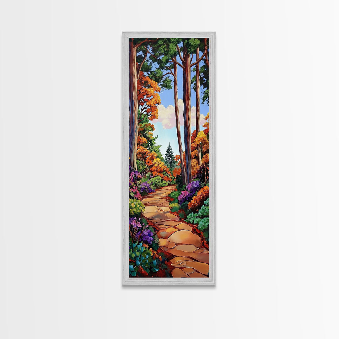 Autumn, Pathway, Forest, Trees, Framed Canvas Print, Fall foliage art in impressionist style, perfect Entryway Wall Art or Seasonal Home Decor