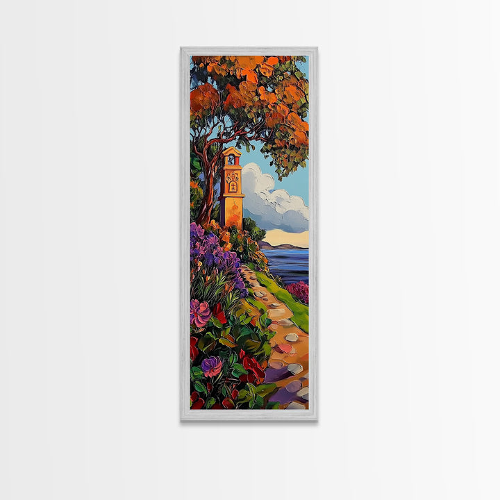 Coastal Bell Tower, Floral Pathway, Mediterranean Seaside Art, Vibrant Garden Style, Fall Home Accent, Framed Canvas Print