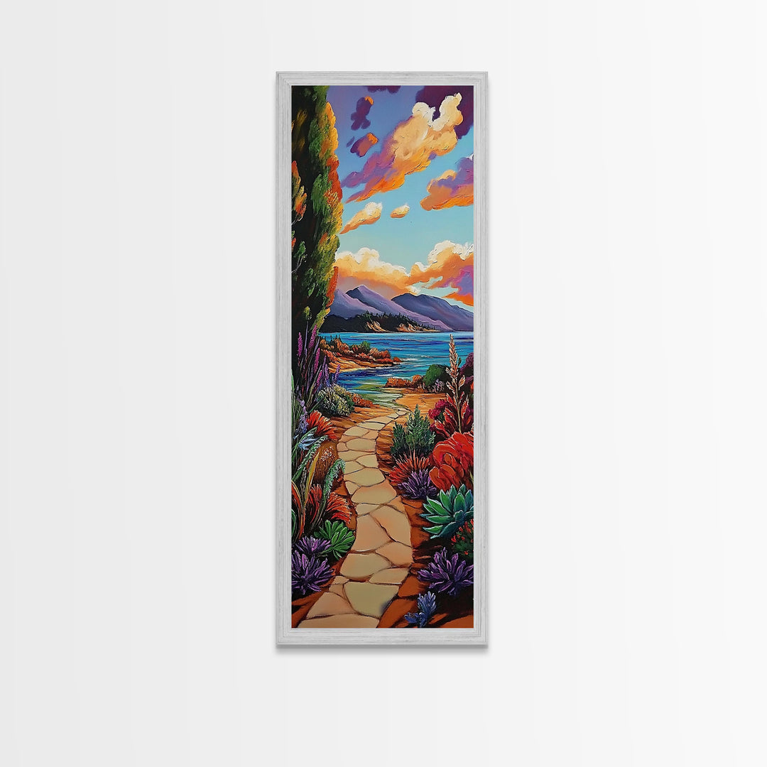 Coastal Trail, Ocean Cliffs, Vibrant Shoreline Art, Tropical Nature Decor, Scenic Summer Landscape, Framed Canvas Print