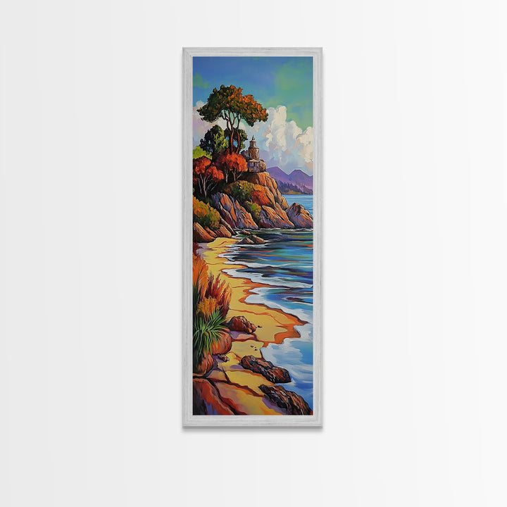 Autumn Lighthouse, Coast, Beach Sunset Landscape Framed Canvas Print, Coastal Wall Decor, Fall Living Room Art, Vibrant Nature Artwork