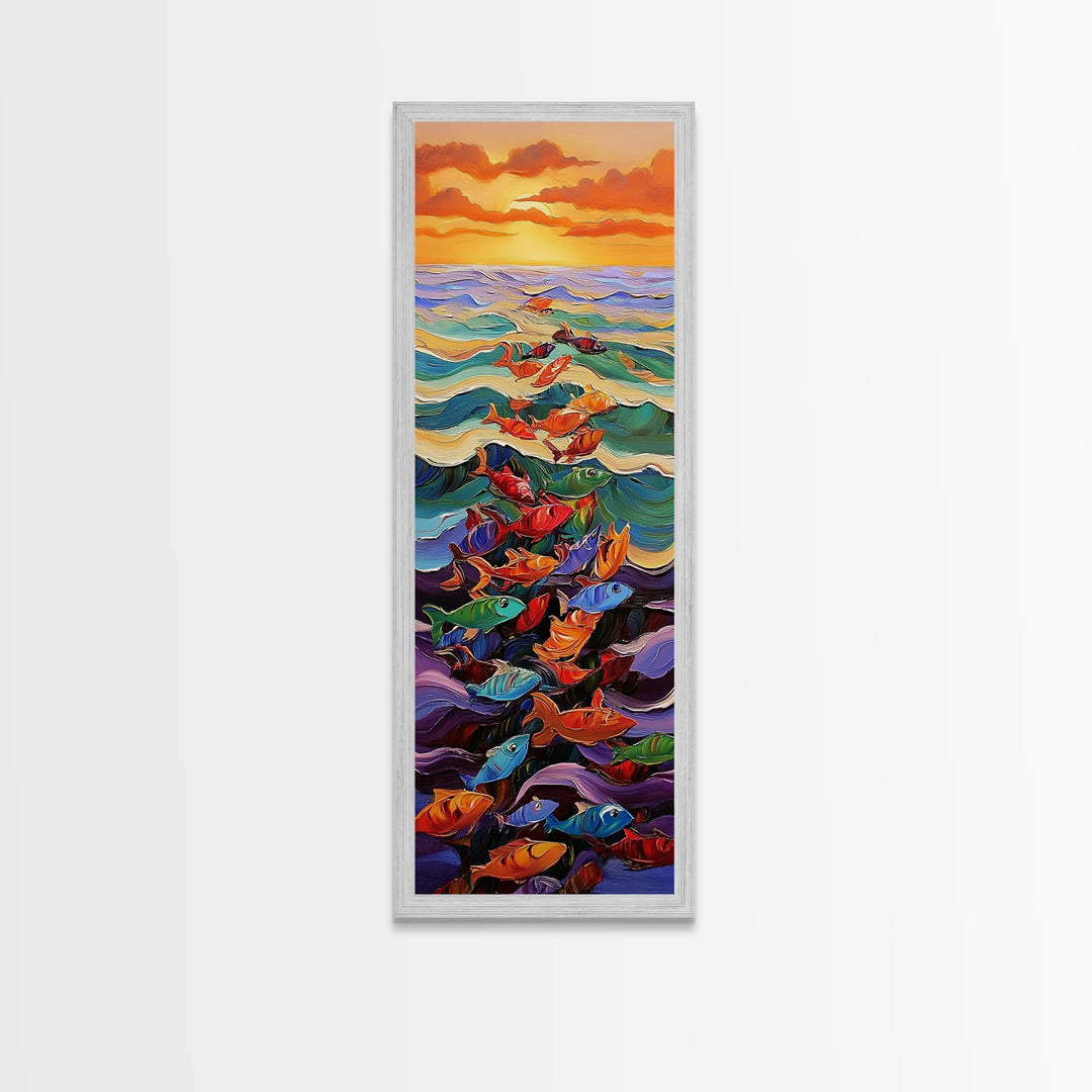 Ocean Journey, Colorful Fish, Sunrise Waves, Framed Canvas Print, vibrant coastal fish painting, kids room or nautical beach house art