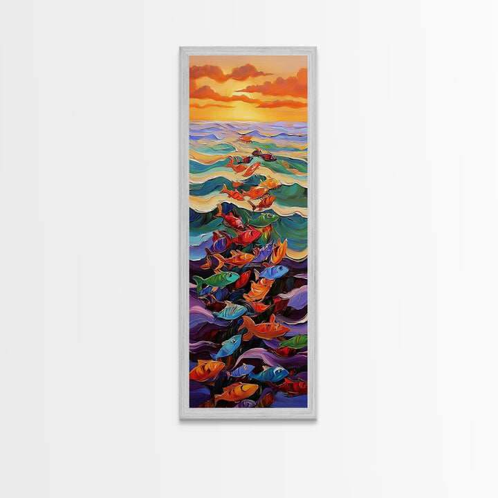 Ocean Journey, Colorful Fish, Sunrise Waves, Framed Canvas Print, vibrant coastal fish painting, kids room or nautical beach house art