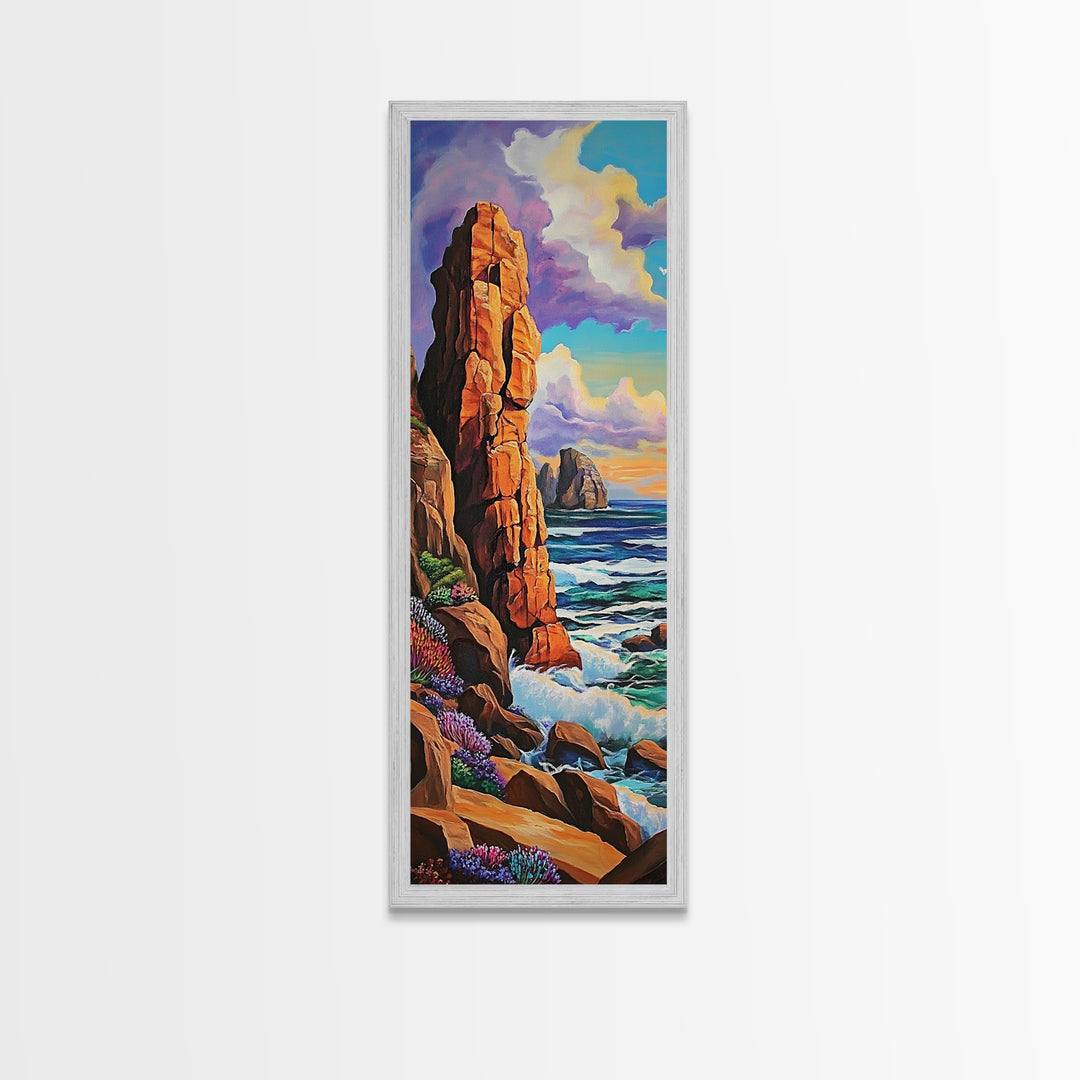 Coastal Cliffs, Ocean, Sunset, Framed Canvas Print, Bold coastal cliffs wall art, dramatic seascape beach decor, contemporary ocean painting